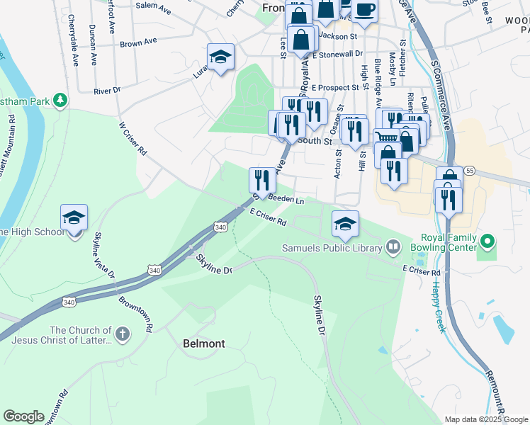 map of restaurants, bars, coffee shops, grocery stores, and more near 24 East Criser Road in Front Royal