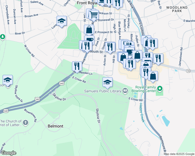 map of restaurants, bars, coffee shops, grocery stores, and more near 707 Parkview Drive in Front Royal