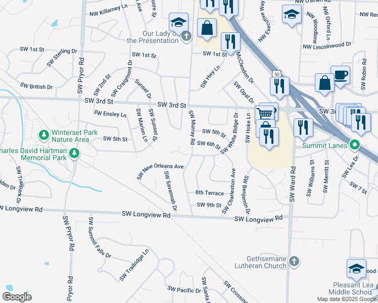 map of restaurants, bars, coffee shops, grocery stores, and more near 604 SW Murray Rd in Lee's Summit