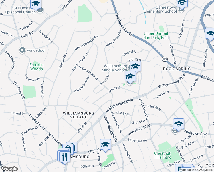 map of restaurants, bars, coffee shops, grocery stores, and more near 3613 North Kensington Street in Arlington