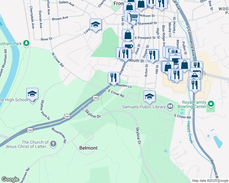 map of restaurants, bars, coffee shops, grocery stores, and more near 24 East Criser Road in Front Royal