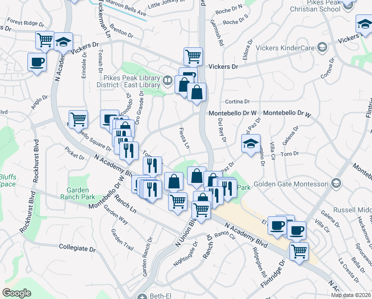 map of restaurants, bars, coffee shops, grocery stores, and more near 5320 Fiesta Lane in Colorado Springs