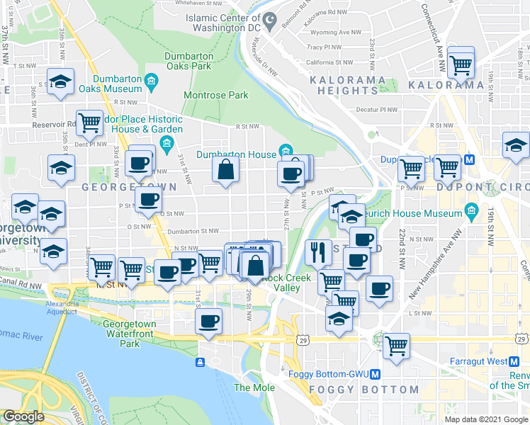 map of restaurants, bars, coffee shops, grocery stores, and more near O St NW & 28th St NW in Washington