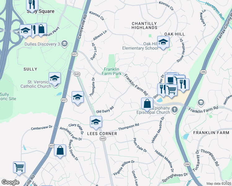 map of restaurants, bars, coffee shops, grocery stores, and more near 13505 Huntsfield Court in Herndon