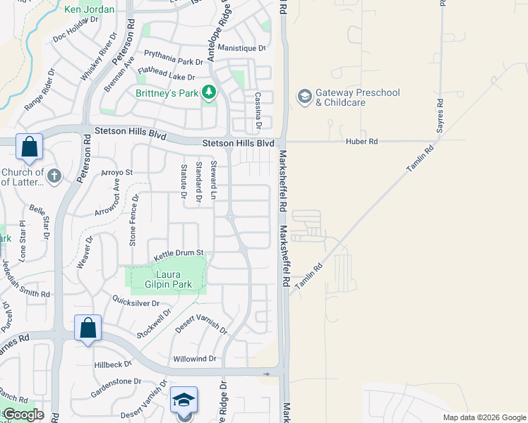 map of restaurants, bars, coffee shops, grocery stores, and more near 7776 Blue Vail Way in Colorado Springs