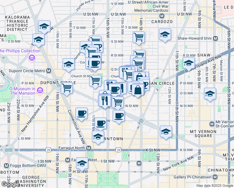 map of restaurants, bars, coffee shops, grocery stores, and more near 1520 O Street Northwest in Washington