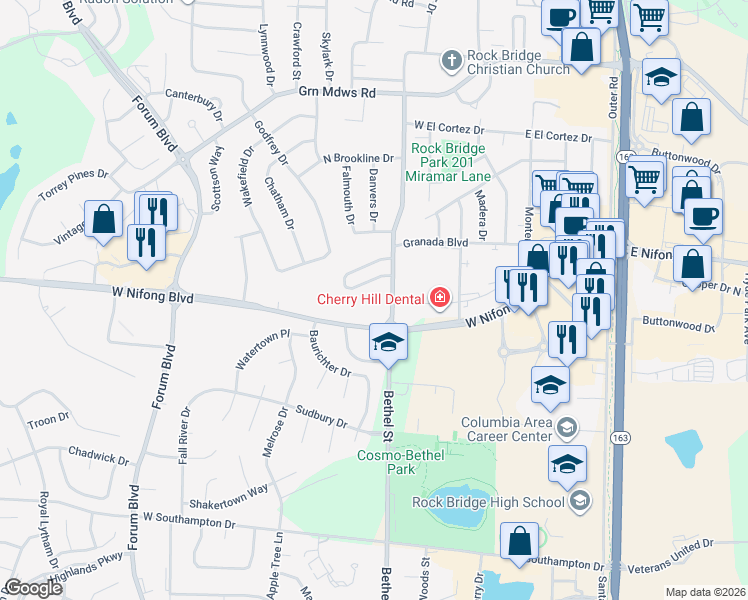 map of restaurants, bars, coffee shops, grocery stores, and more near 3901 Bethel Street in Columbia