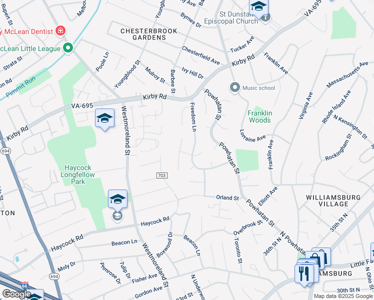 map of restaurants, bars, coffee shops, grocery stores, and more near 6514 Shipyard Place in Falls Church