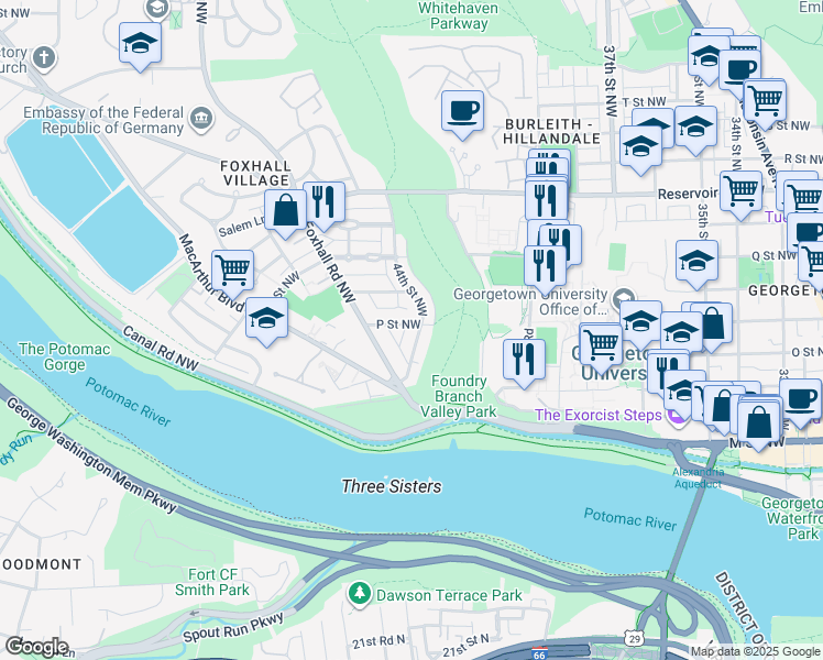 map of restaurants, bars, coffee shops, grocery stores, and more near 4400 P Street Northwest in Washington