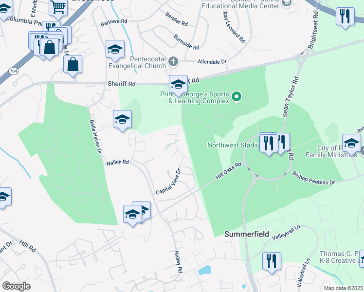 map of restaurants, bars, coffee shops, grocery stores, and more near 1317 Capital View Terrace in Summerfield