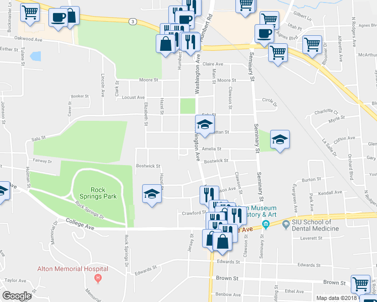 map of restaurants, bars, coffee shops, grocery stores, and more near 2411 Ebbler Street in Alton