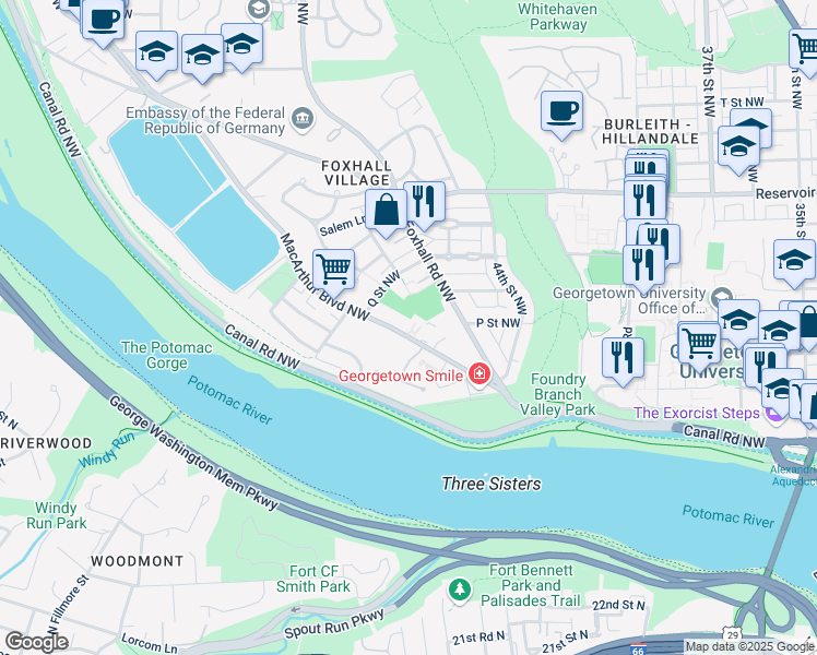 map of restaurants, bars, coffee shops, grocery stores, and more near 4491 MacArthur Boulevard Northwest in Washington