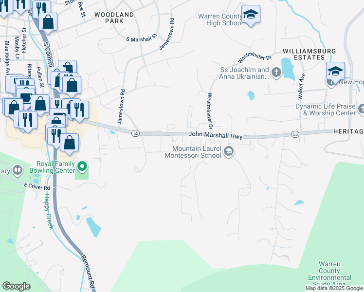 map of restaurants, bars, coffee shops, grocery stores, and more near 1182 Elm Street in Front Royal