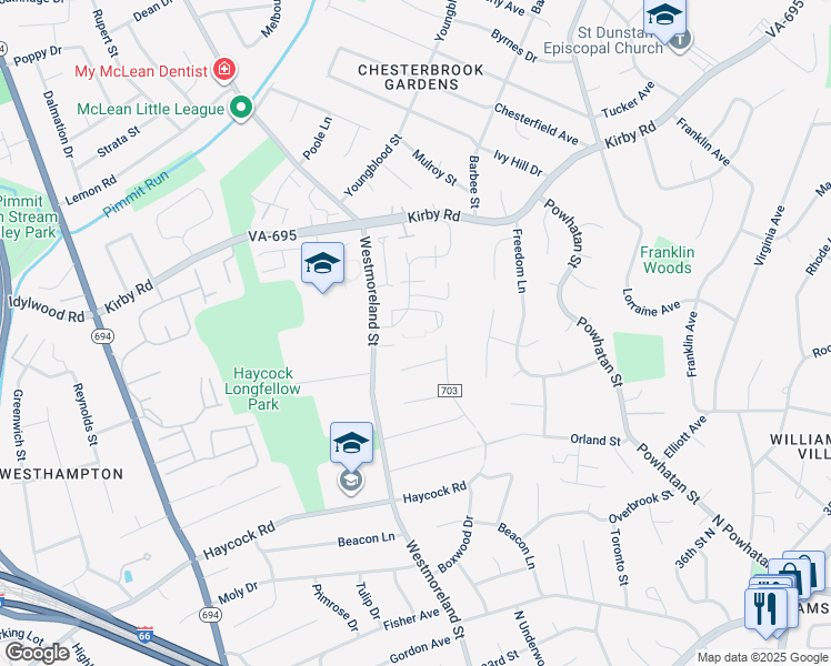 map of restaurants, bars, coffee shops, grocery stores, and more near 2075 Hopewood Drive in Falls Church