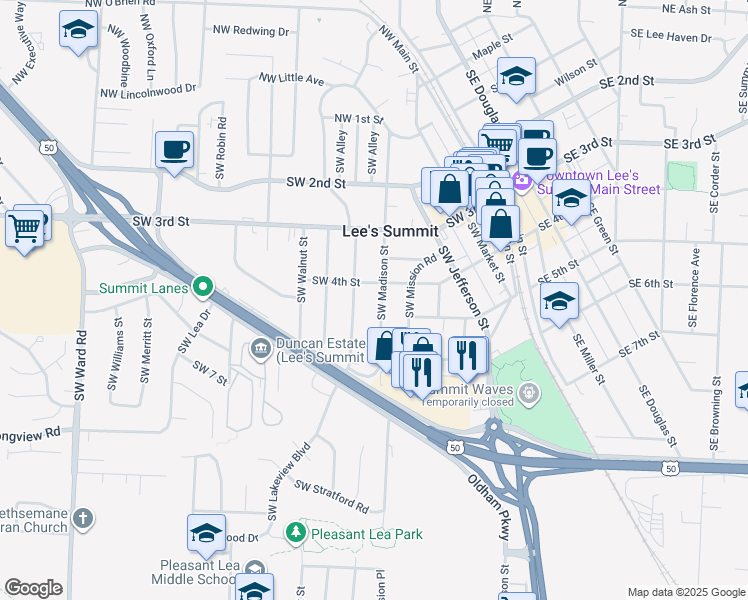 map of restaurants, bars, coffee shops, grocery stores, and more near 404 Southwest Madison Street in Lee's Summit