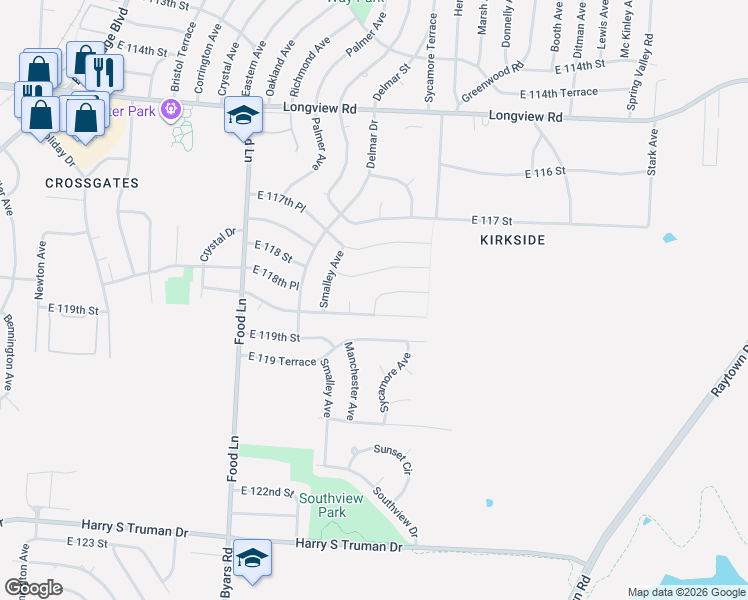 map of restaurants, bars, coffee shops, grocery stores, and more near 7904 East 118th Place in Kansas City