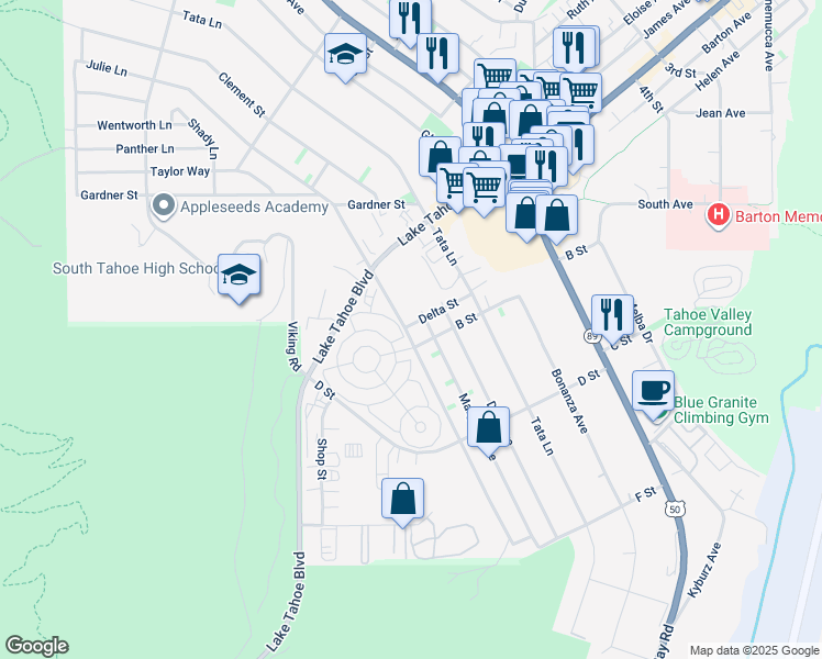 map of restaurants, bars, coffee shops, grocery stores, and more near 1069 Julie Lane in South Lake Tahoe