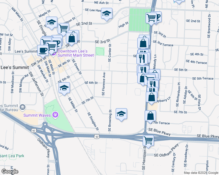 map of restaurants, bars, coffee shops, grocery stores, and more near 602 Southeast Browning Street in Lee's Summit