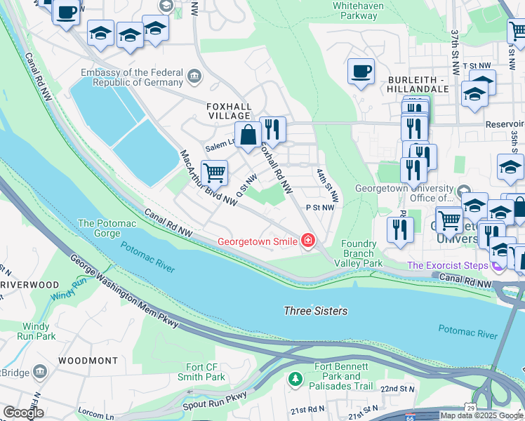 map of restaurants, bars, coffee shops, grocery stores, and more near 4491 MacArthur Boulevard Northwest in Washington