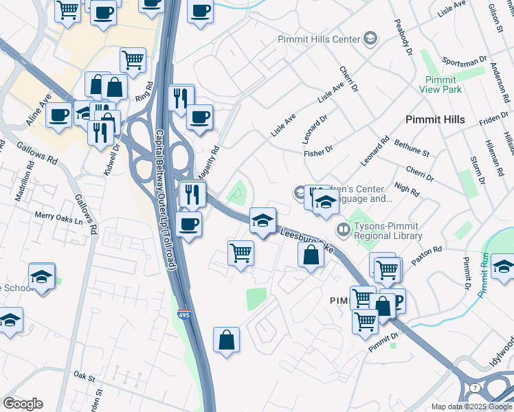 map of restaurants, bars, coffee shops, grocery stores, and more near 2023 Edgar Court in Falls Church