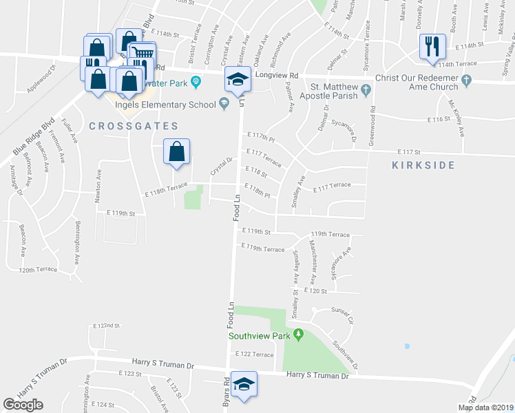 map of restaurants, bars, coffee shops, grocery stores, and more near 7506 East 118 Terrace in Kansas City