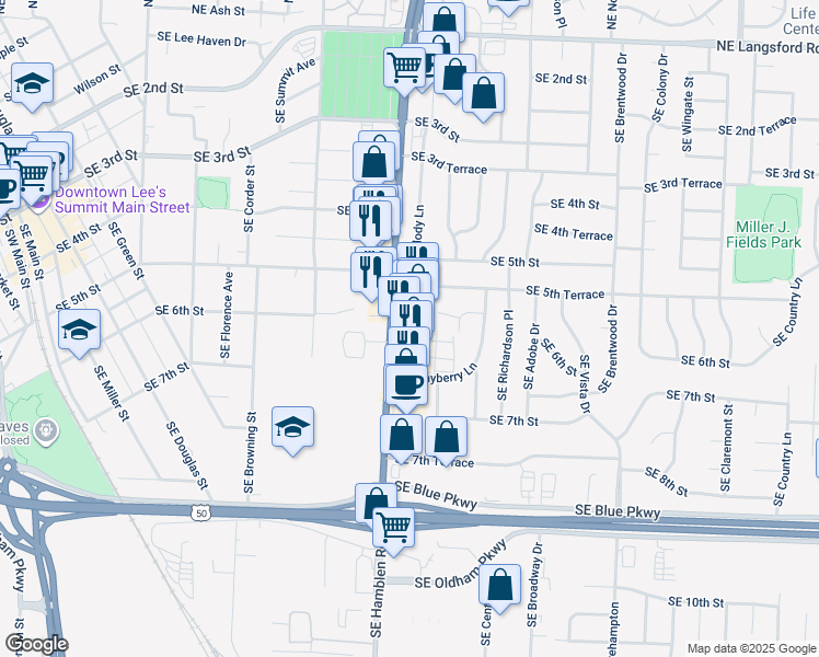 map of restaurants, bars, coffee shops, grocery stores, and more near 543 Southeast Melody Lane in Lee's Summit