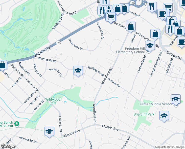 map of restaurants, bars, coffee shops, grocery stores, and more near 2006 Barkham Lane in Vienna