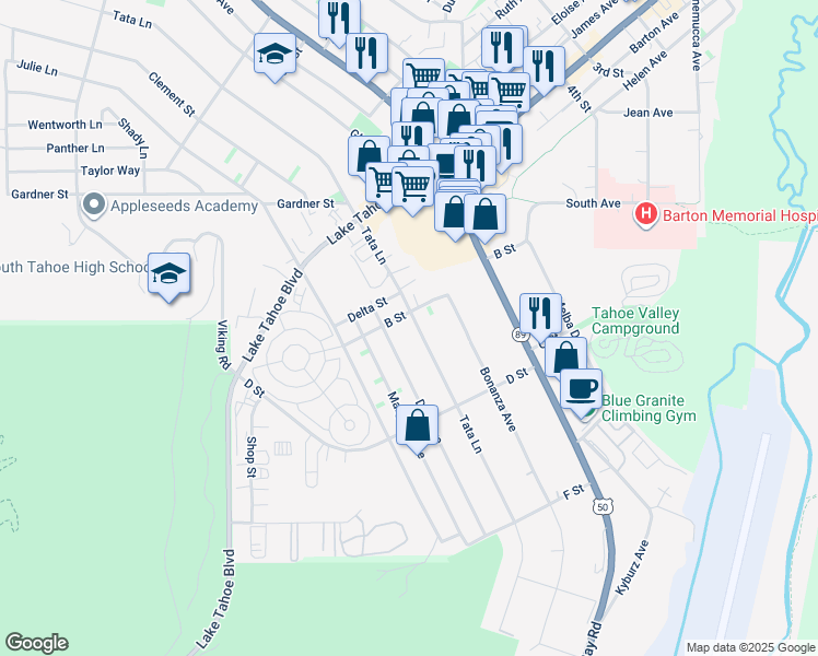 map of restaurants, bars, coffee shops, grocery stores, and more near 1104 Tata Lane in South Lake Tahoe