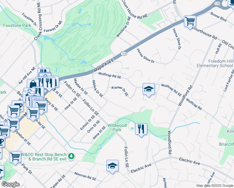 map of restaurants, bars, coffee shops, grocery stores, and more near 904 Kramer Court Southeast in Vienna