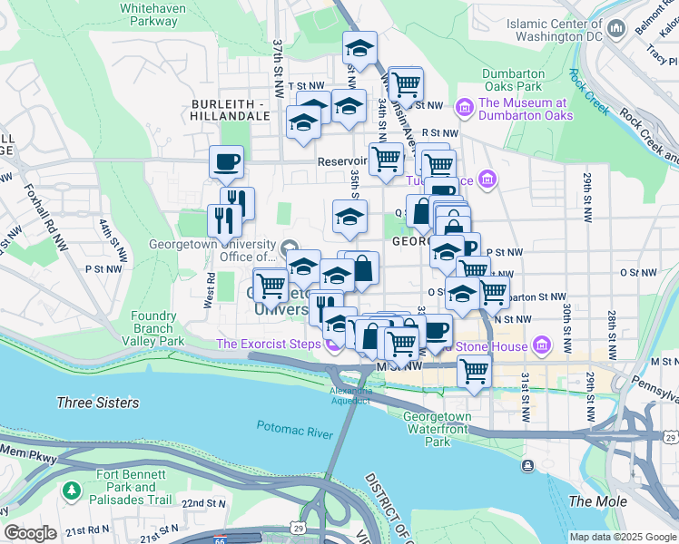 map of restaurants, bars, coffee shops, grocery stores, and more near 3520 P Street Northwest in Washington