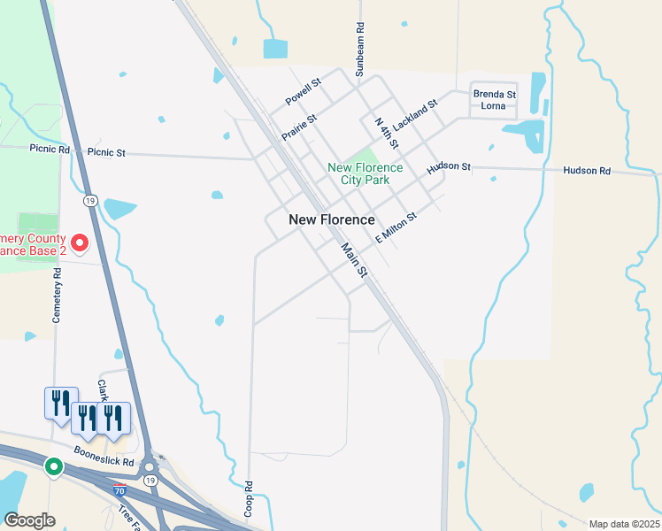 map of restaurants, bars, coffee shops, grocery stores, and more near 303 West Milton Street in New Florence