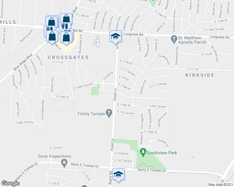 map of restaurants, bars, coffee shops, grocery stores, and more near 7401 East 118th Terrace in Kansas City