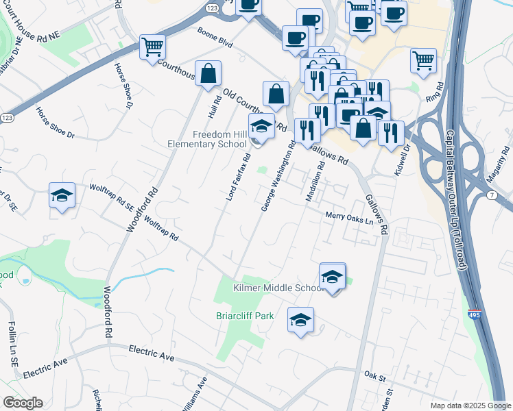 map of restaurants, bars, coffee shops, grocery stores, and more near 8268 Trailwood Court in Vienna