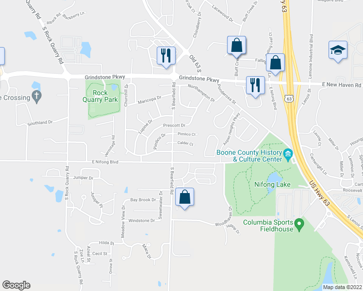 map of restaurants, bars, coffee shops, grocery stores, and more near 2410 Calder Court in Columbia