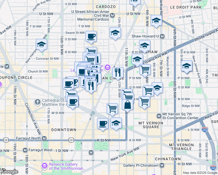 map of restaurants, bars, coffee shops, grocery stores, and more near 13th Street Northwest & O Street Northwest in Washington