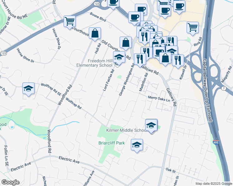 map of restaurants, bars, coffee shops, grocery stores, and more near 8268 Trailwood Court in Vienna