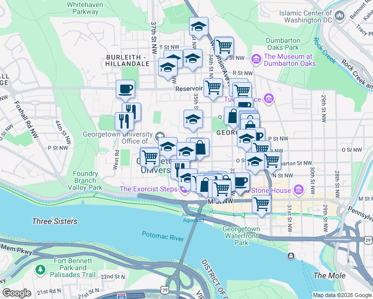 map of restaurants, bars, coffee shops, grocery stores, and more near 3522 P Street Northwest in Washington