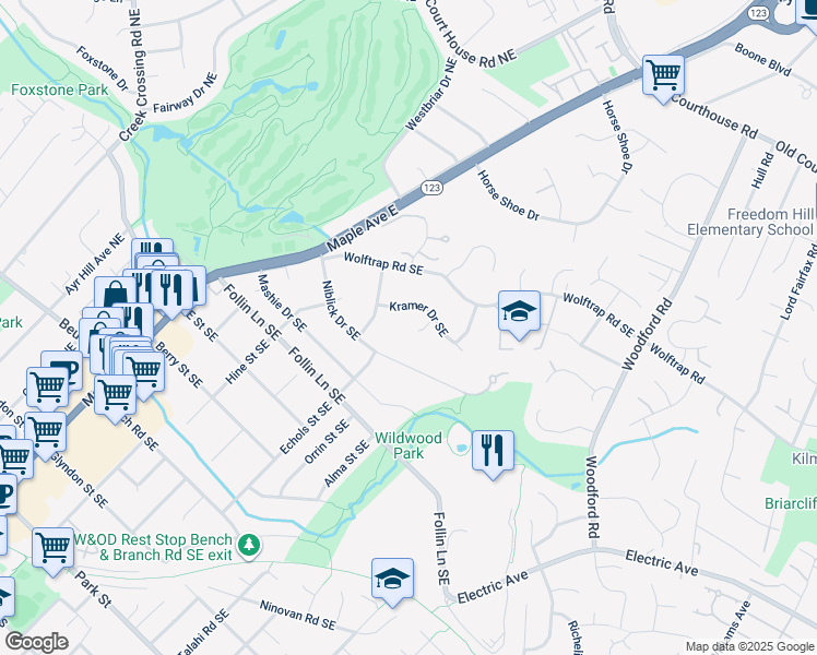 map of restaurants, bars, coffee shops, grocery stores, and more near 904 Kramer Court Southeast in Vienna