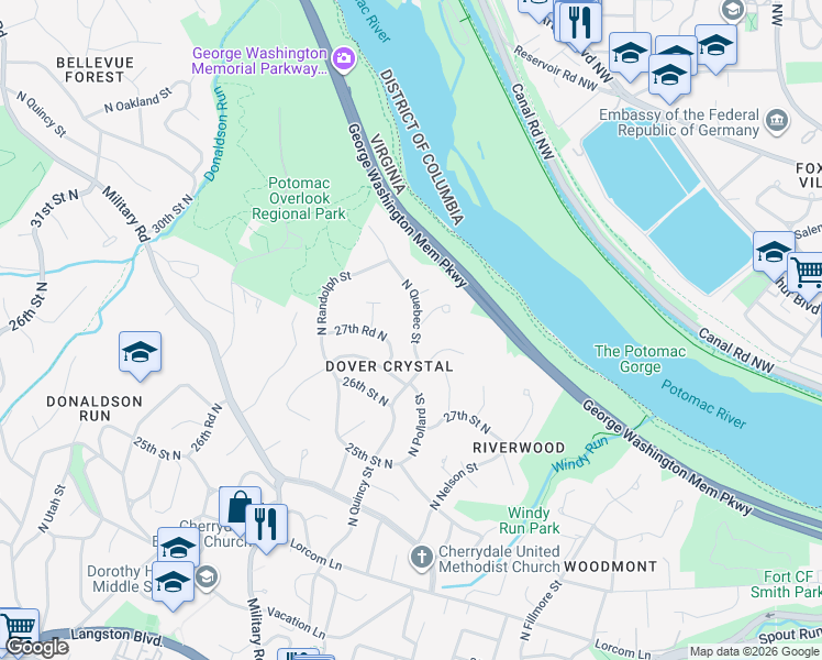 map of restaurants, bars, coffee shops, grocery stores, and more near 2756 North Quebec Street in Arlington