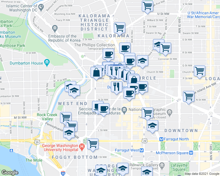 map of restaurants, bars, coffee shops, grocery stores, and more near 21st Street Northwest & O Street Northwest in Washington