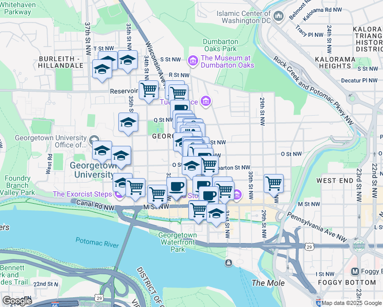 map of restaurants, bars, coffee shops, grocery stores, and more near 1424 Wisconsin Avenue Northwest in Washington