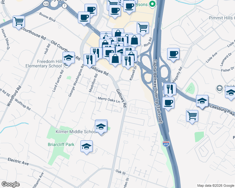 map of restaurants, bars, coffee shops, grocery stores, and more near 2046 Pieris Court in Vienna