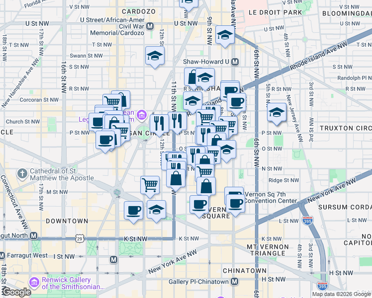 map of restaurants, bars, coffee shops, grocery stores, and more near 10th St NW & O St NW in Washington