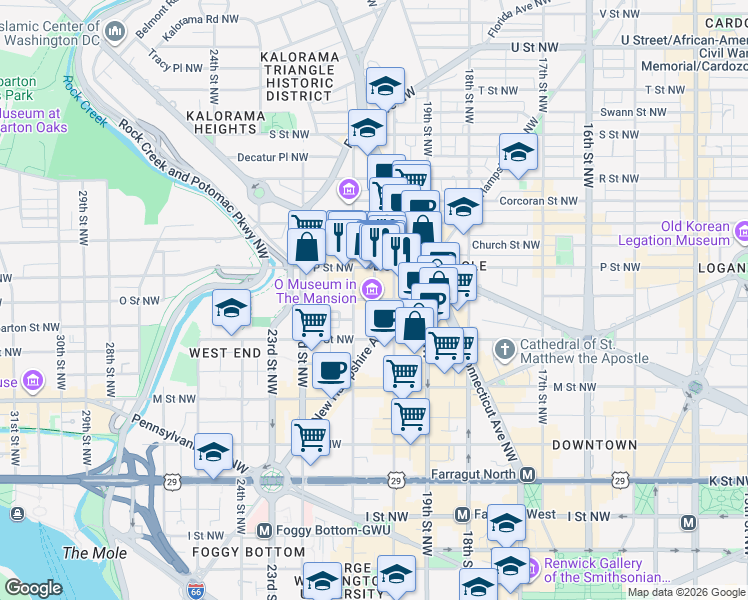 map of restaurants, bars, coffee shops, grocery stores, and more near O Street Northwest & Hopkins Street Northwest in Washington