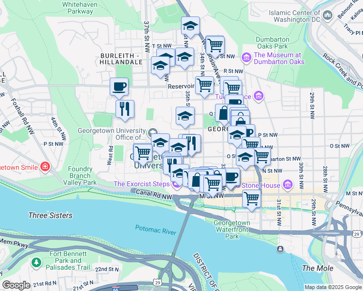 map of restaurants, bars, coffee shops, grocery stores, and more near 3514 P Street Northwest in Washington