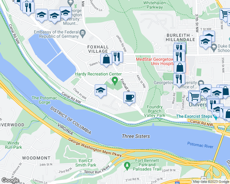 map of restaurants, bars, coffee shops, grocery stores, and more near 4481 MacArthur Boulevard Northwest in Washington
