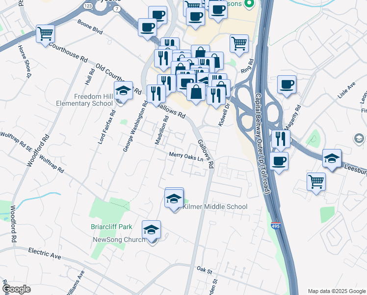 map of restaurants, bars, coffee shops, grocery stores, and more near 8100 Madrillon Springs Lane in Vienna