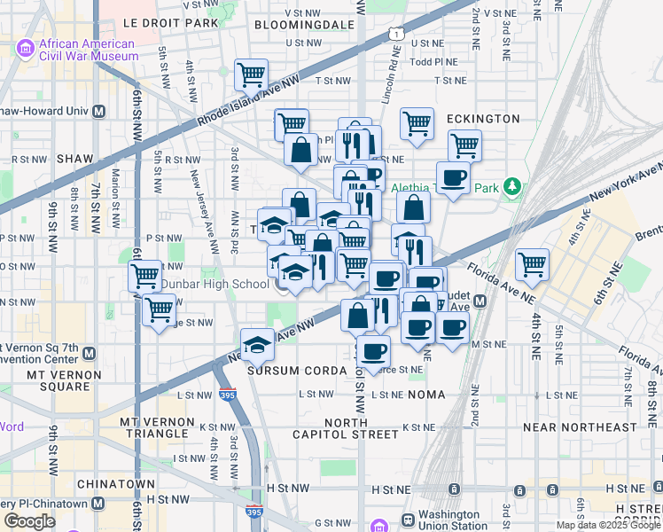 map of restaurants, bars, coffee shops, grocery stores, and more near 37 O Street Northwest in Washington