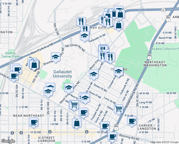 map of restaurants, bars, coffee shops, grocery stores, and more near 1629 West Virginia Avenue Northeast in Washington