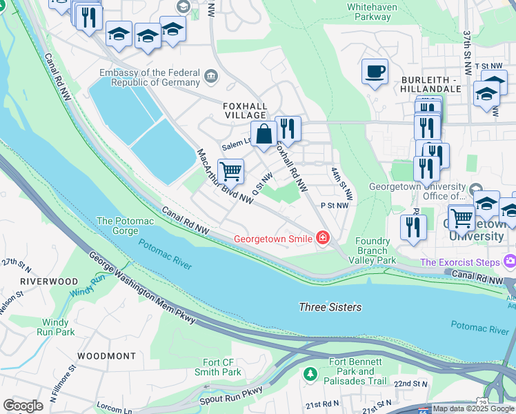 map of restaurants, bars, coffee shops, grocery stores, and more near 4481 MacArthur Boulevard Northwest in Washington